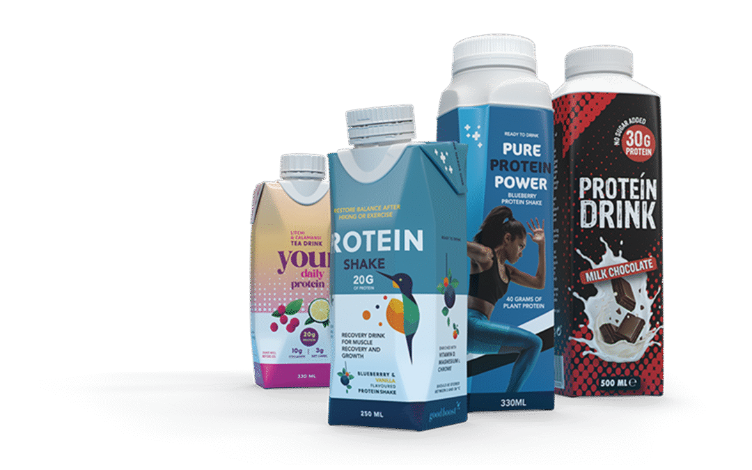 Tuotekuva erilaisista proteiinijuomista.