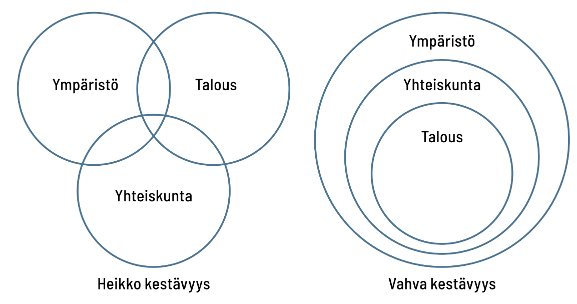 Kuvaaja heikosta ja vahvasta kestävyydestä. Vahvassa mallissa uloin ympyrä on ympäristö, ja sisin ympyrä on talous. Heikossa mallissa ympäristö, talous ja yhteiskunta esitetään venn-diagrammina.